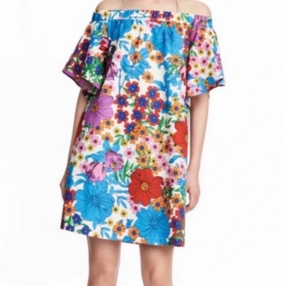 Floral Mini Dress Festival Retro Boho Off Shoulder‎ Cottage Wedding Guest Size L